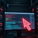 Serveur en décomposition, curseur rouge menaçant sur écran.