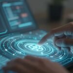 Personne utilisant une interface numérique abstraite et lumineuse.