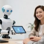 Robot et client souriants dans un bureau moderne.